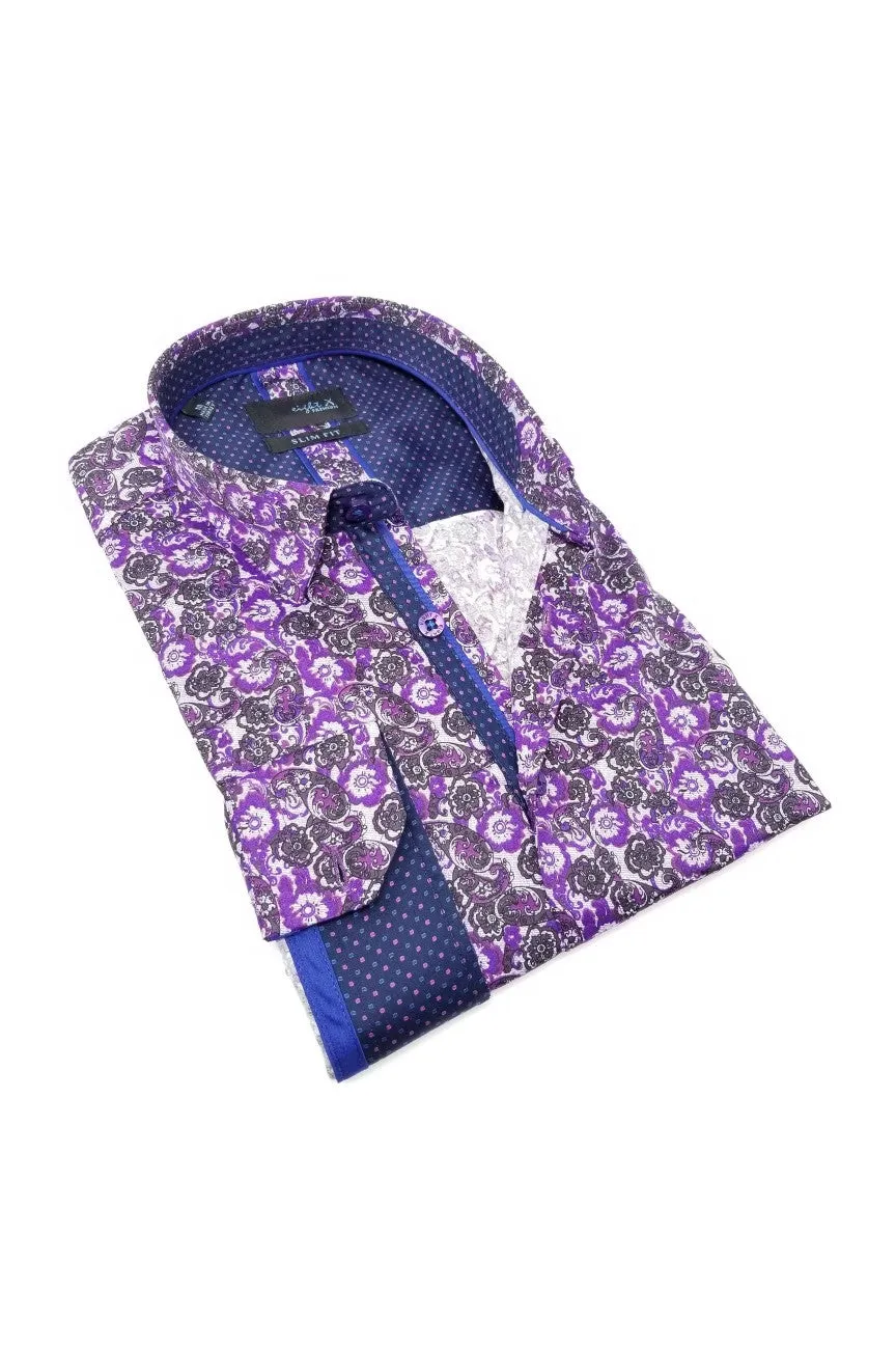 Purple Button Down Paisley Print Shirt W/ Trim