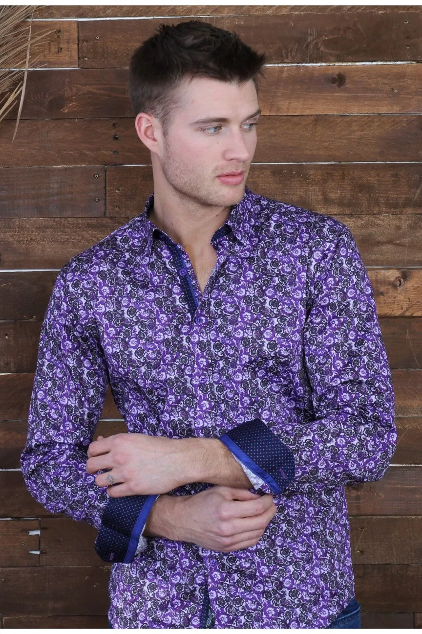 Purple Button Down Paisley Print Shirt W/ Trim