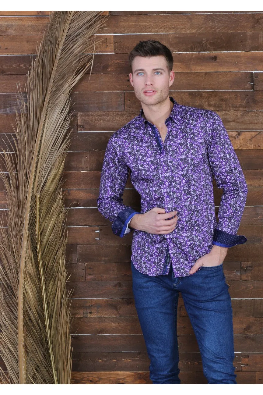 Purple Button Down Paisley Print Shirt W/ Trim