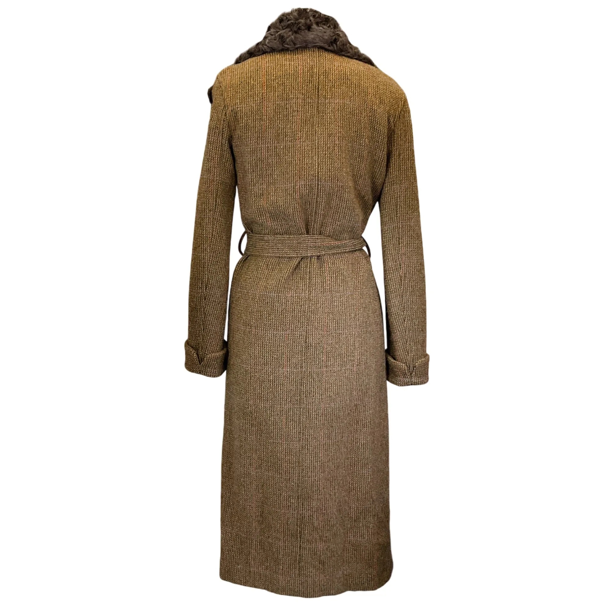 Ralph Lauren Collection Brown Lamb Shearling Collar Wool Tweed Coat with belt