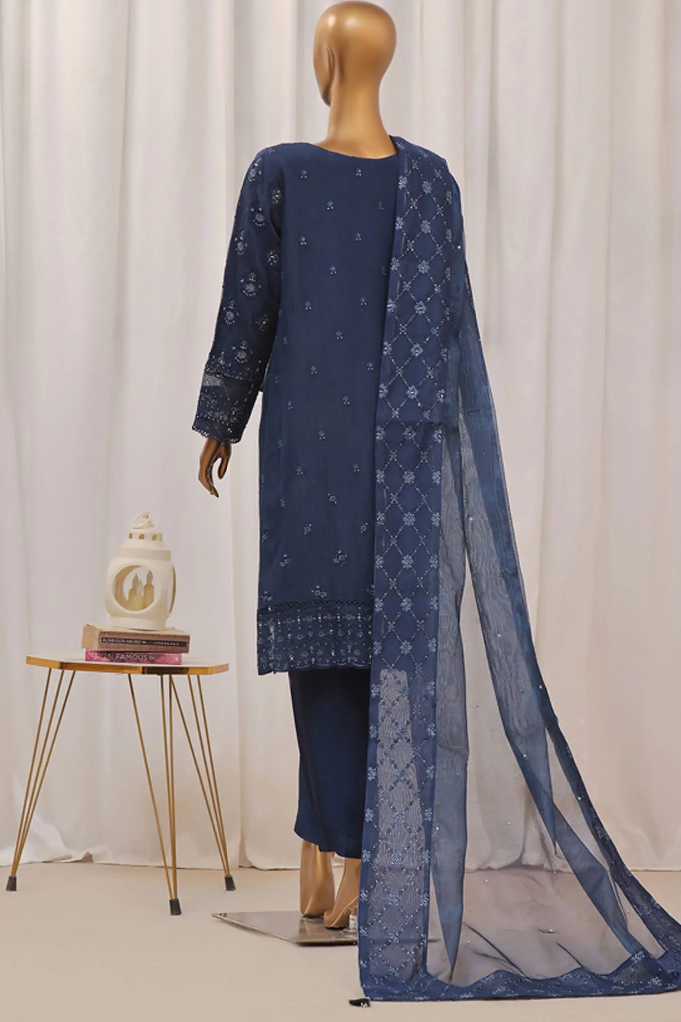 Sheer By HZ Stitched 3 Piece Formals Khaddi Net Collection'2024-HZK-192-Navy Blue