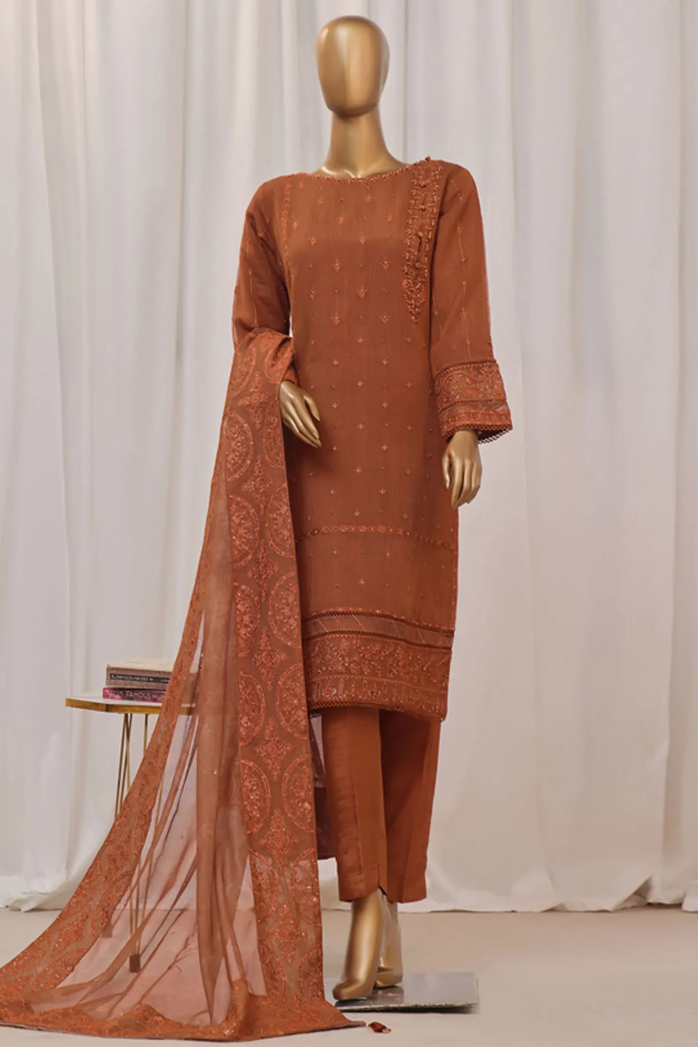 Sheer By HZ Stitched 3 Piece Formals Khaddi Net Collection'2024-HZK-193-Rust