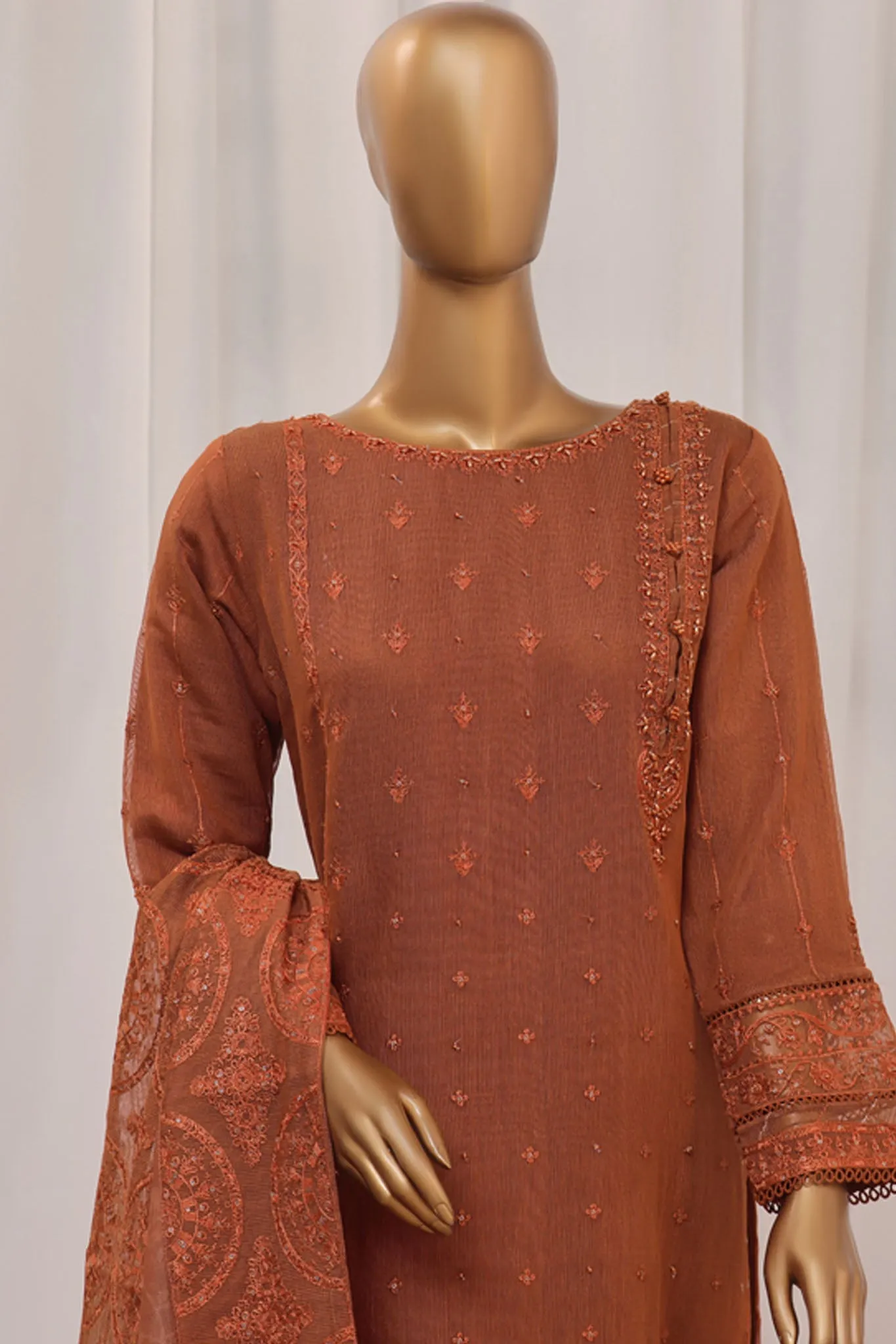 Sheer By HZ Stitched 3 Piece Formals Khaddi Net Collection'2024-HZK-193-Rust