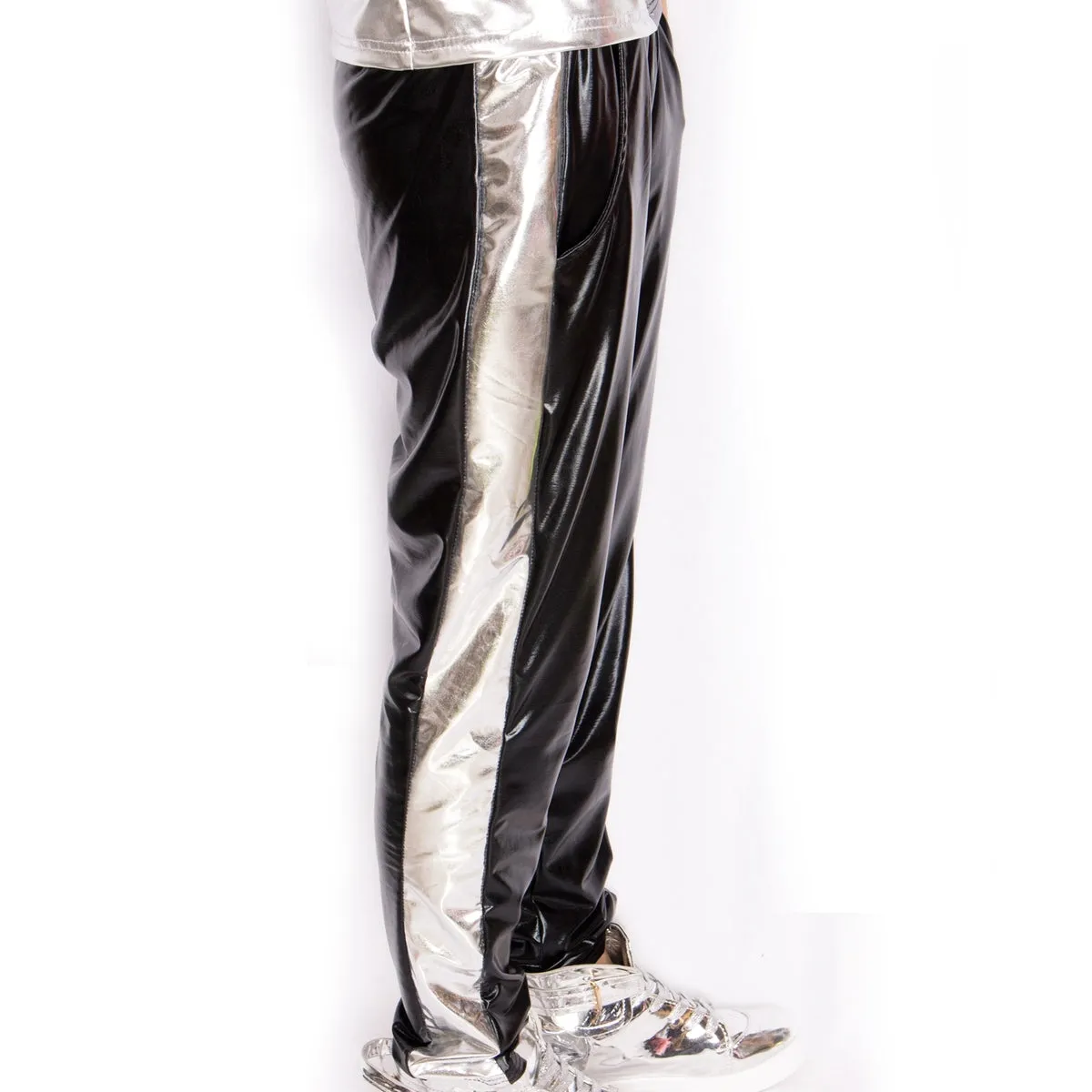 Silver Side Patchwork Stage Performance Style Men Pants