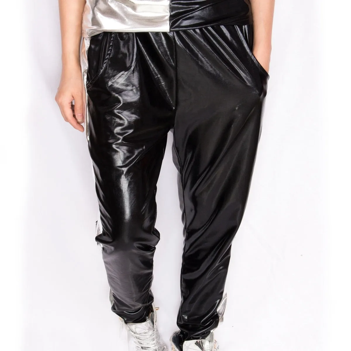 Silver Side Patchwork Stage Performance Style Men Pants