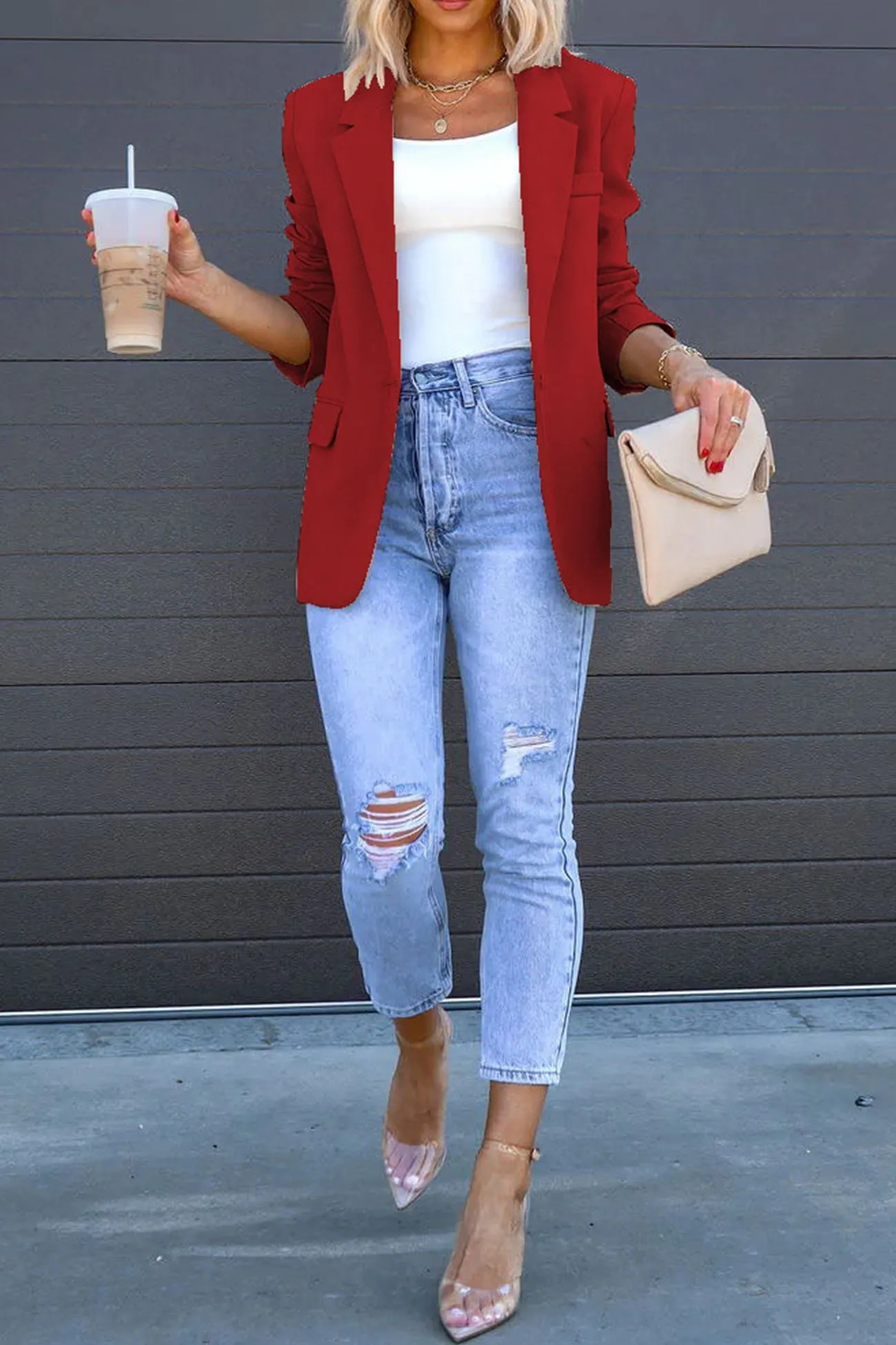 Solid Back Slit Mid-length Blazer