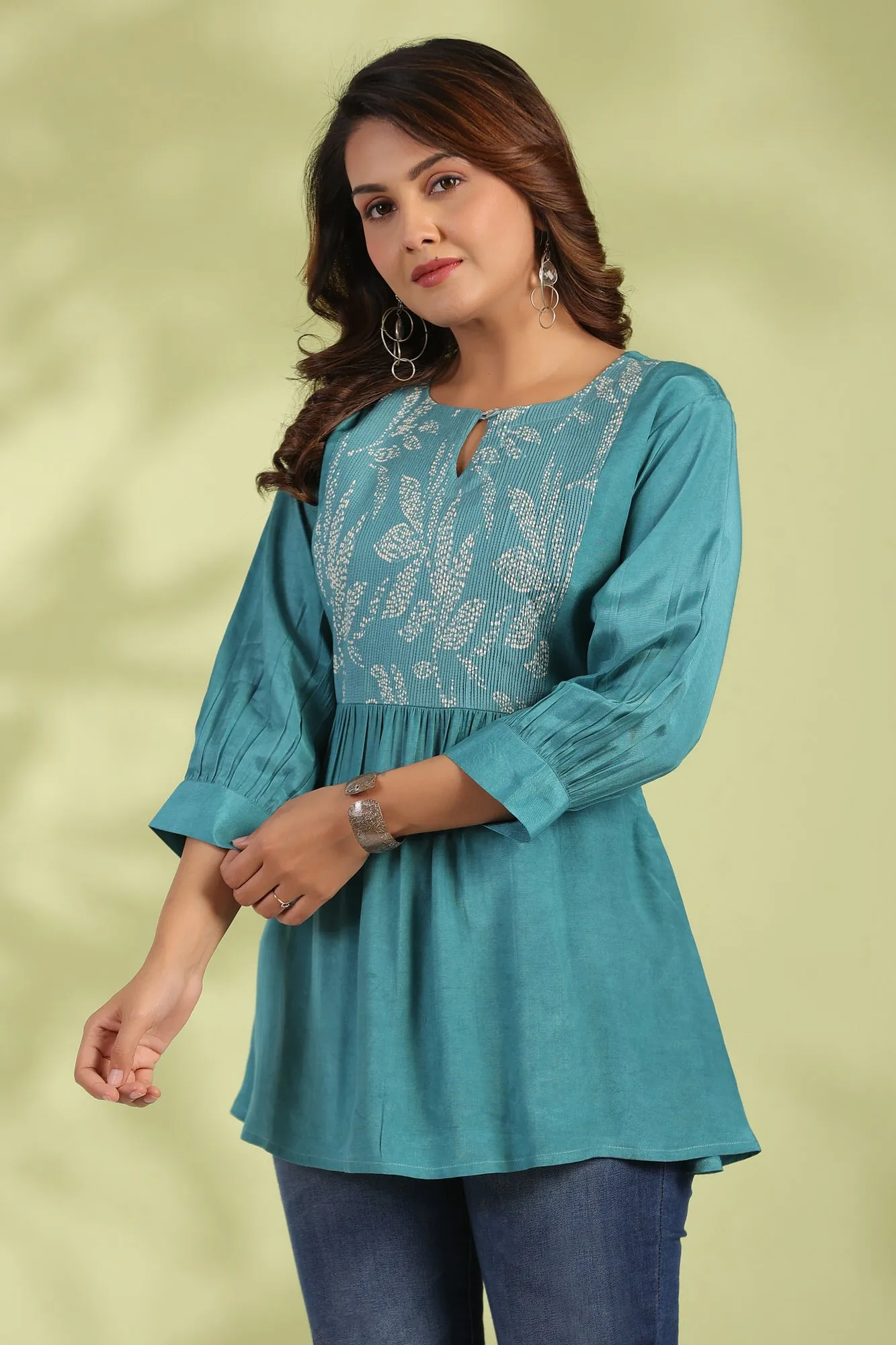 Teal Floral Elegance Cotton Top