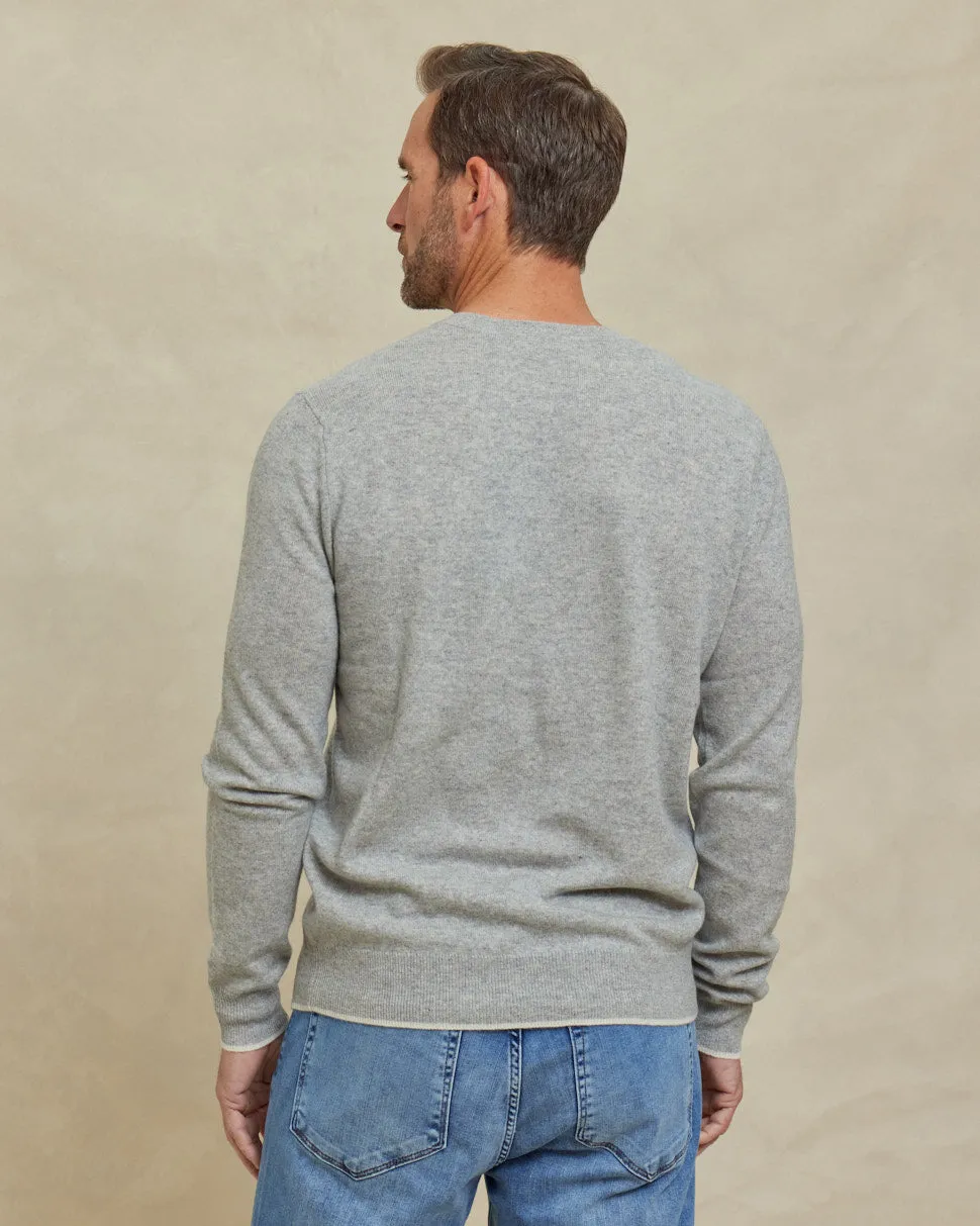 The Walker - Cashmere Crew Neck Sweater w/Tipping - Grey / Ivory